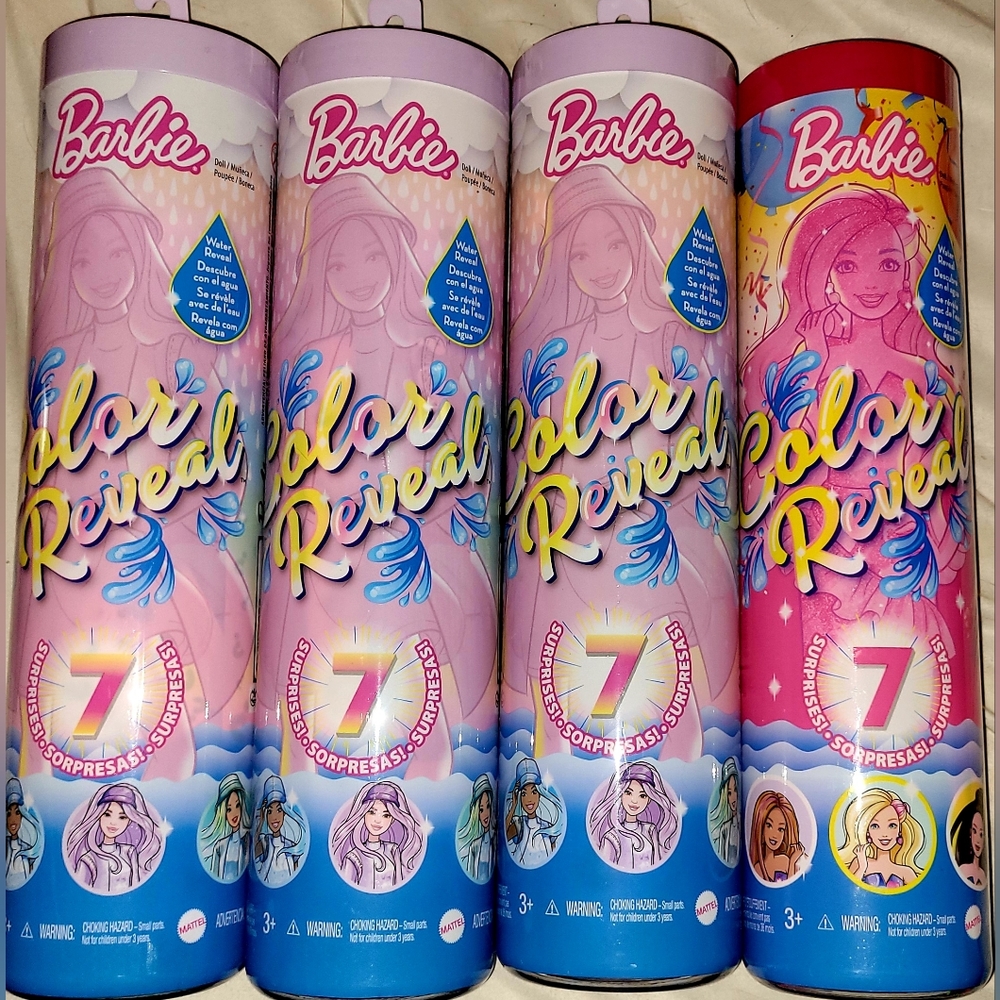 BRAND NEW SEALED LOT OF 4 BARBIES COLOR REVEAL OF 7 SURPRISES!